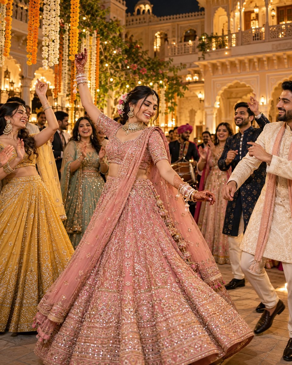 Indian bride dancing at a sangeet surrounded by family and friends