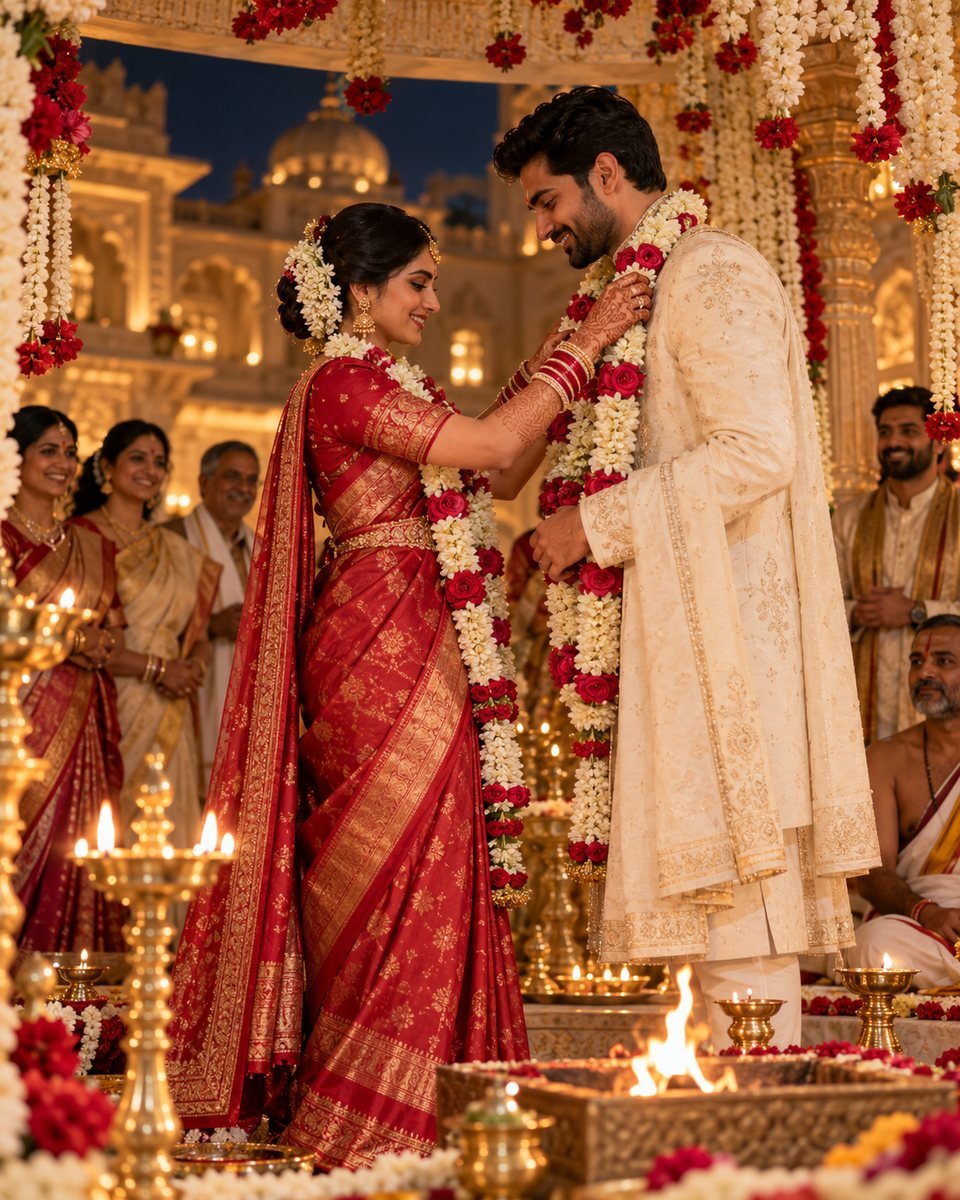 Indian couple exchanging garlands beneath a floral wedding mandap