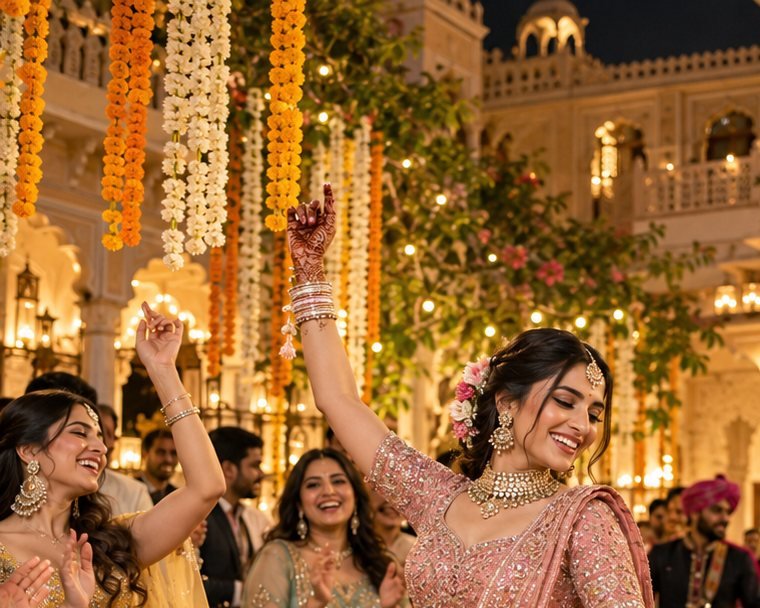 Marigold and jasmine garlands with festive lights at a sangeet