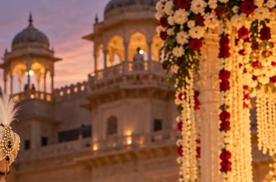Heritage palace at dusk with floral garlands