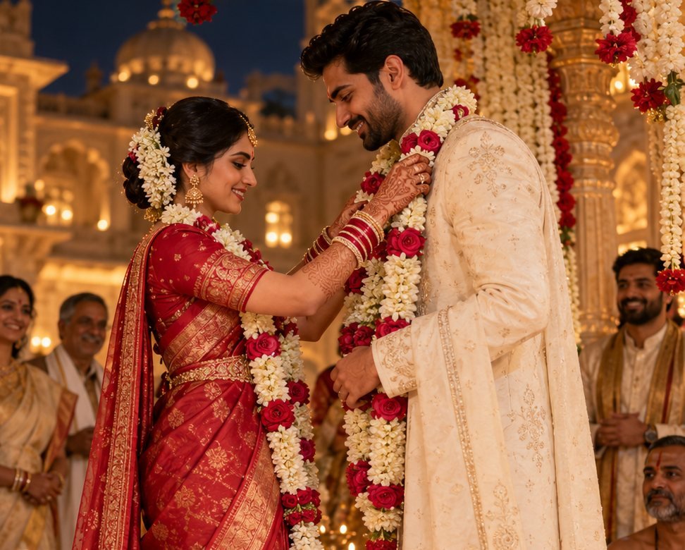 Bride and groom exchanging floral garlands during a wedding ceremony