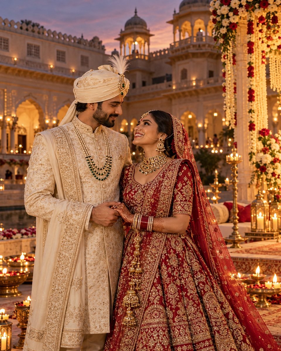 Indian couple celebrating at a palace wedding